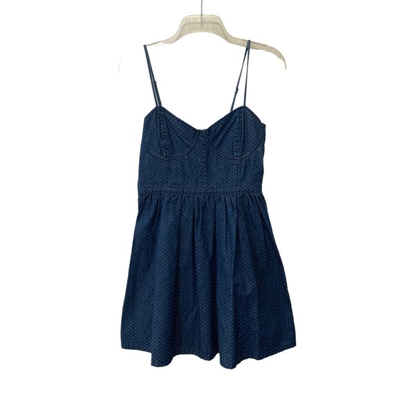Free People Denim Blue Jean Dot Bustier Mini Sun Dress Fit And Flare Size Small - Picture 1 of 9